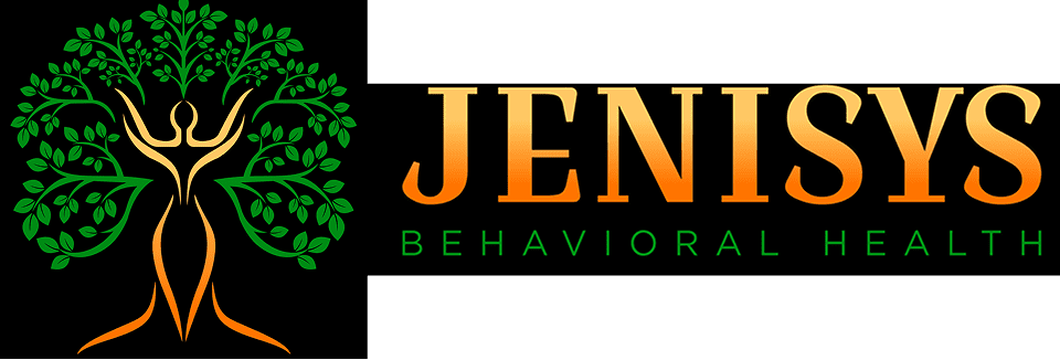 Logo for Jenisys Behavioral Health featuring a stylized tree with a human figure. The text is in orange and green tones.