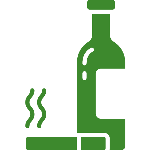 Green icon of a wine bottle and a smoking cigarette in an ashtray.