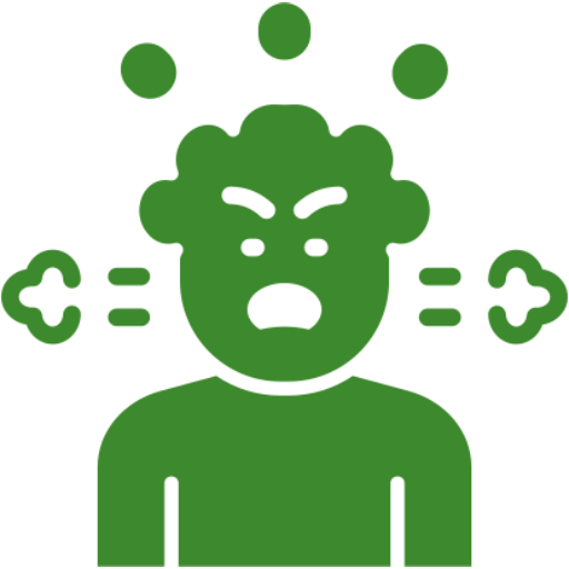 Green cartoon figure with an angry expression, scrunched brows, and steam coming from ears. Dotted swirls above head indicate frustration or anger.