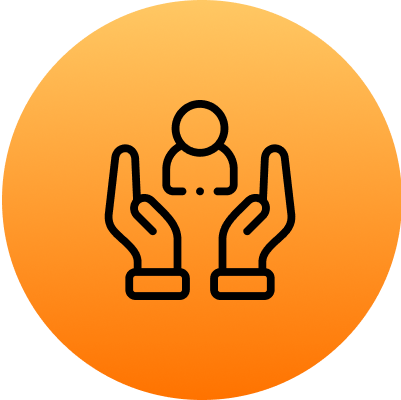 Icon of two hands raised toward a person symbol, set against an orange gradient background.