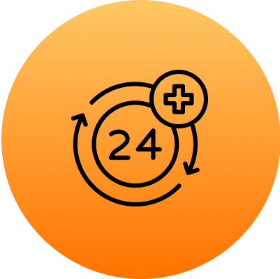 Orange circle with a black line drawing of a 24-hour symbol, featuring arrows around "24" and a plus sign.