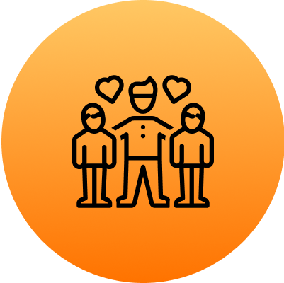 Icon of three people with two hearts above in an orange circle.