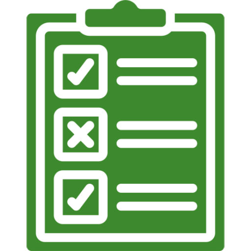 A green clipboard with three item checkboxes: two checked and one crossed out, indicating a list.