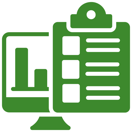 Green icon of a computer screen showing bar graphs, overlapping with a clipboard containing a list.